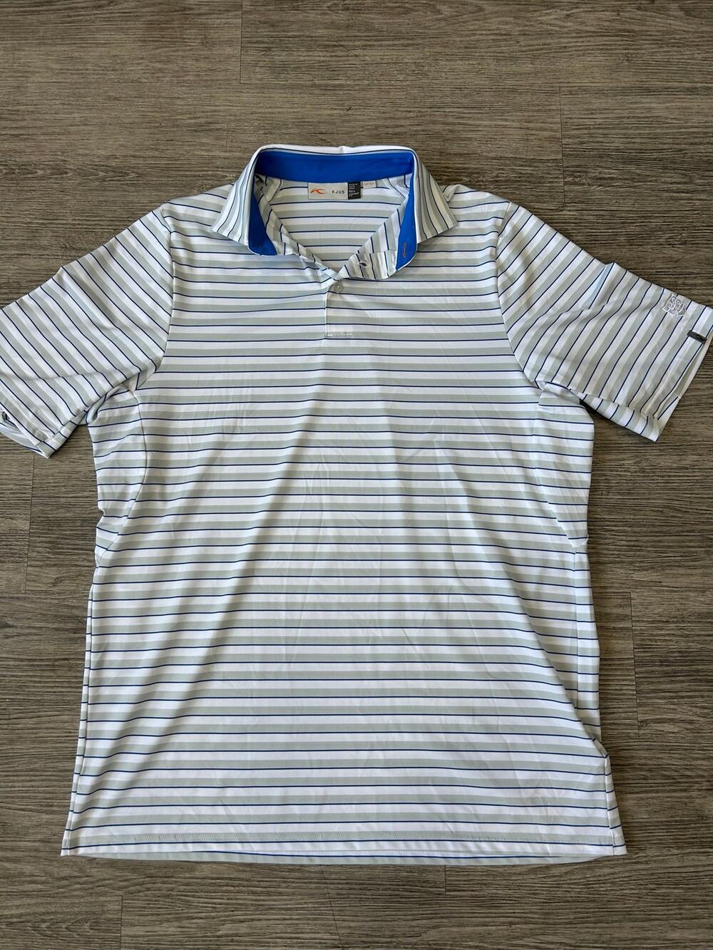KJUS Mens Golf Polo Shirt Large 52 Comfort Fit Striped Blue Gray White UPF 50+